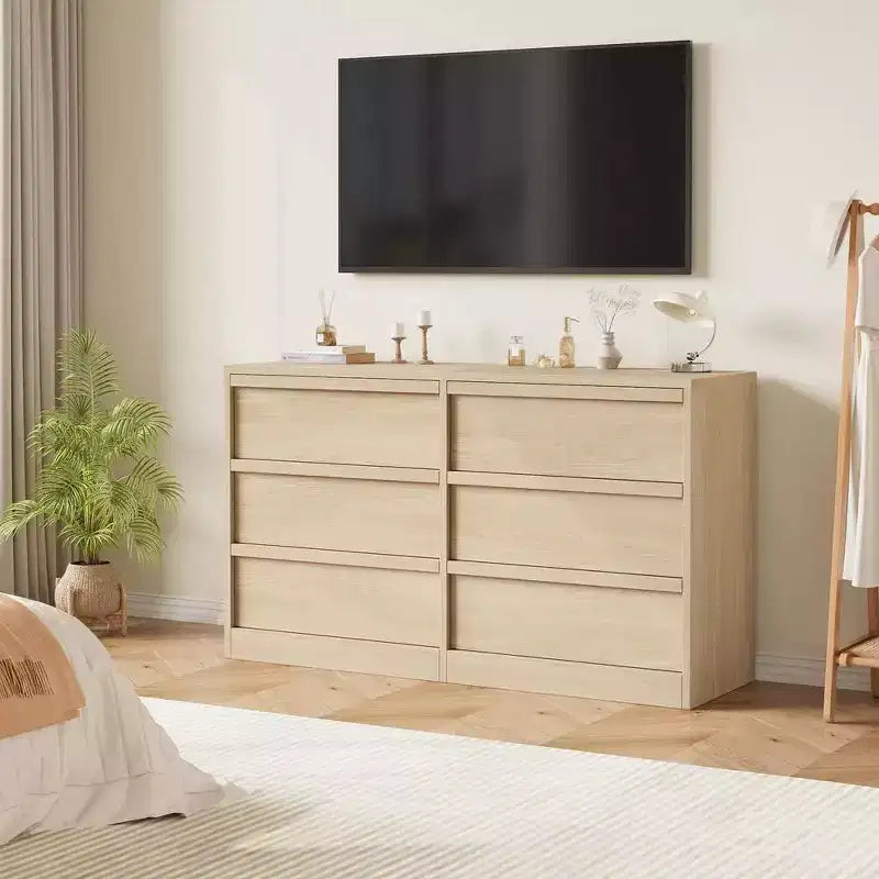 6 Drawer Dresser for Bedroom, Modern Double Dresser Organizer with 6 Drawers, Wooden Chest of Drawers for Living Room, Hallway, Entryway
