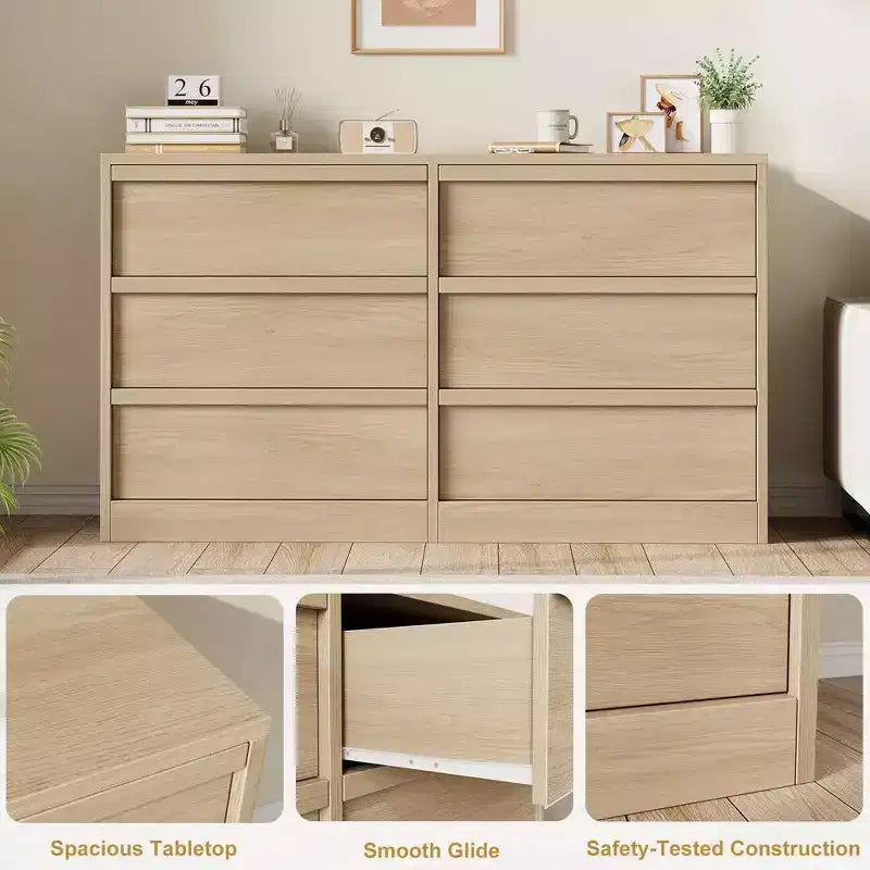 6 Drawer Dresser for Bedroom, Modern Double Dresser Organizer with 6 Drawers, Wooden Chest of Drawers for Living Room, Hallway, Entryway