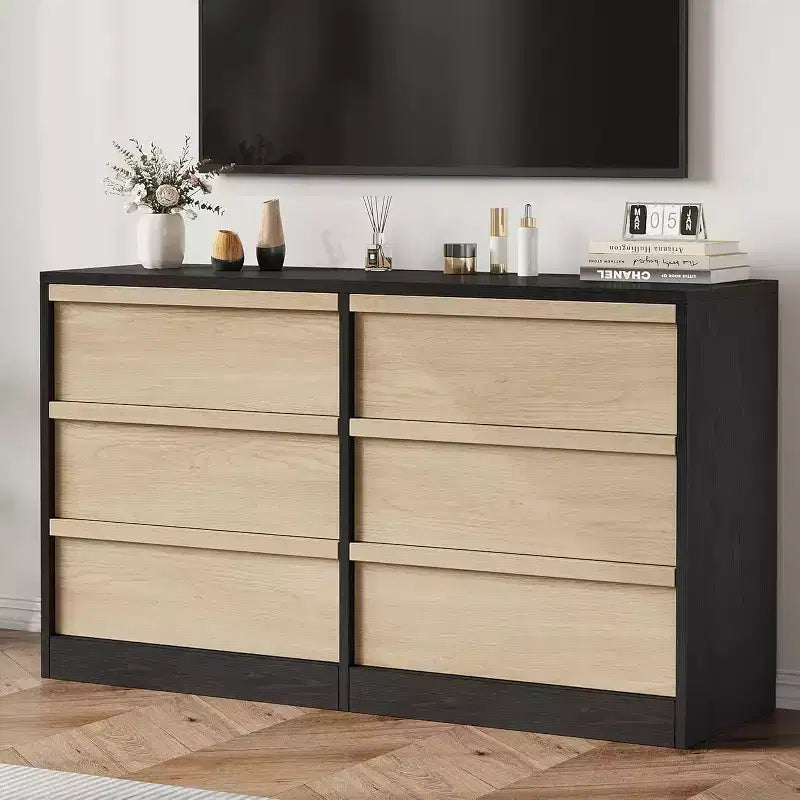 6 Drawer Dresser for Bedroom, Modern Double Dresser Organizer with 6 Drawers, Wooden Chest of Drawers for Living Room, Hallway, Entryway