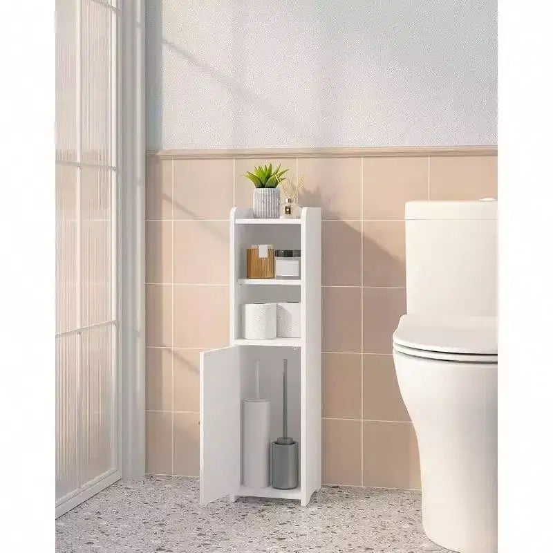 Bathroom Storage Cabinet Corner Floor Cabinet with Doors Adjustable Shelf Narrow Toilet Paper Cabinet Small Spaces White