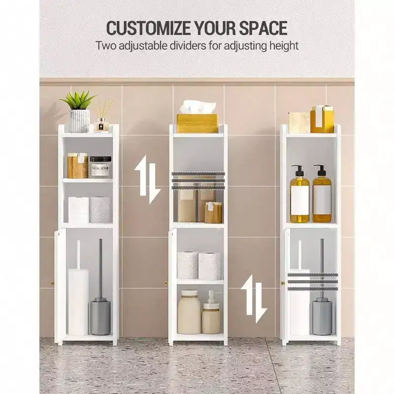 Bathroom Storage Cabinet Corner Floor Cabinet with Doors Adjustable Shelf Narrow Toilet Paper Cabinet Small Spaces White