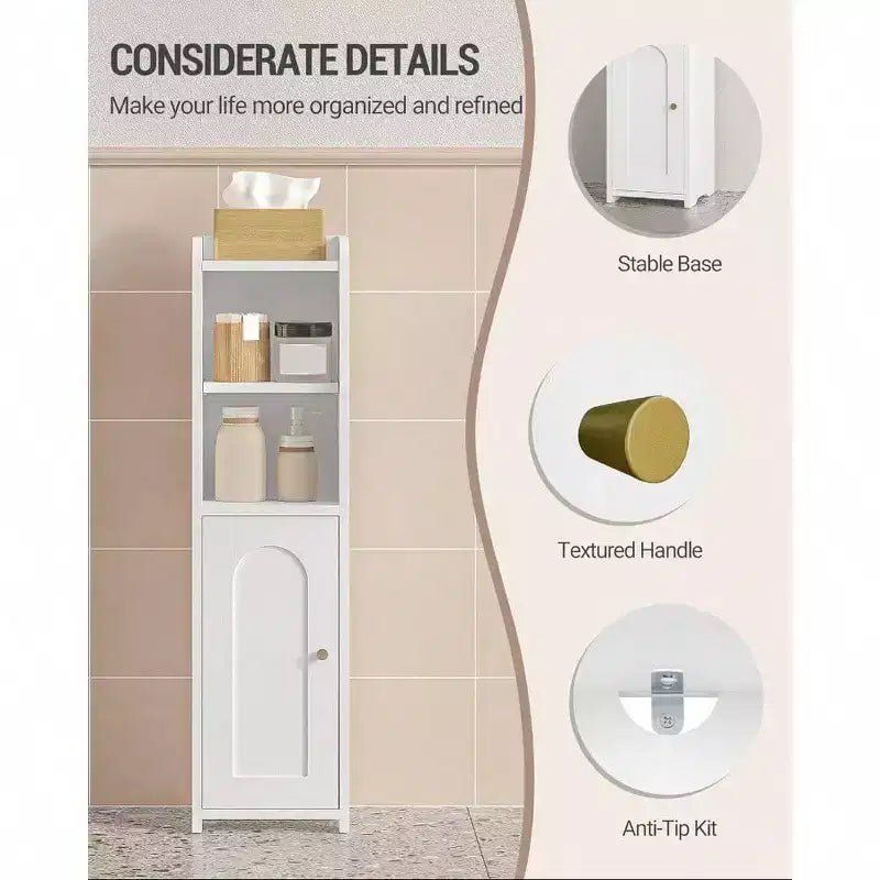 Bathroom Storage Cabinet Corner Floor Cabinet with Doors Adjustable Shelf Narrow Toilet Paper Cabinet Small Spaces White