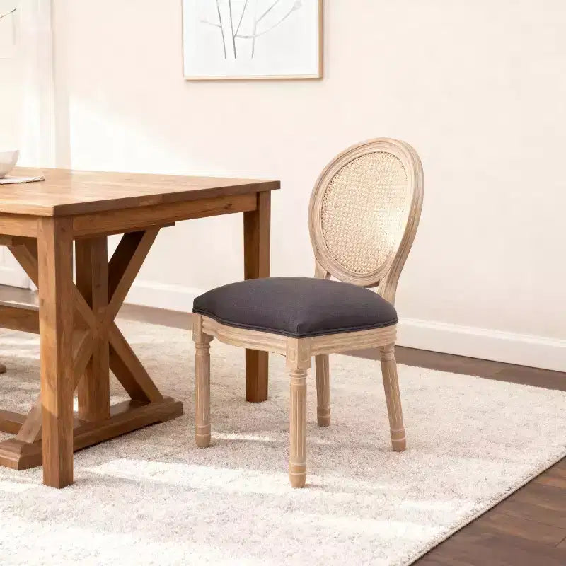 Set of 2 French Rustic Upholstered Dining Chairs with Rattan Back, Farmhouse Solid Wood Armless Kitchen Chairs for Dining Room-Panipeachy