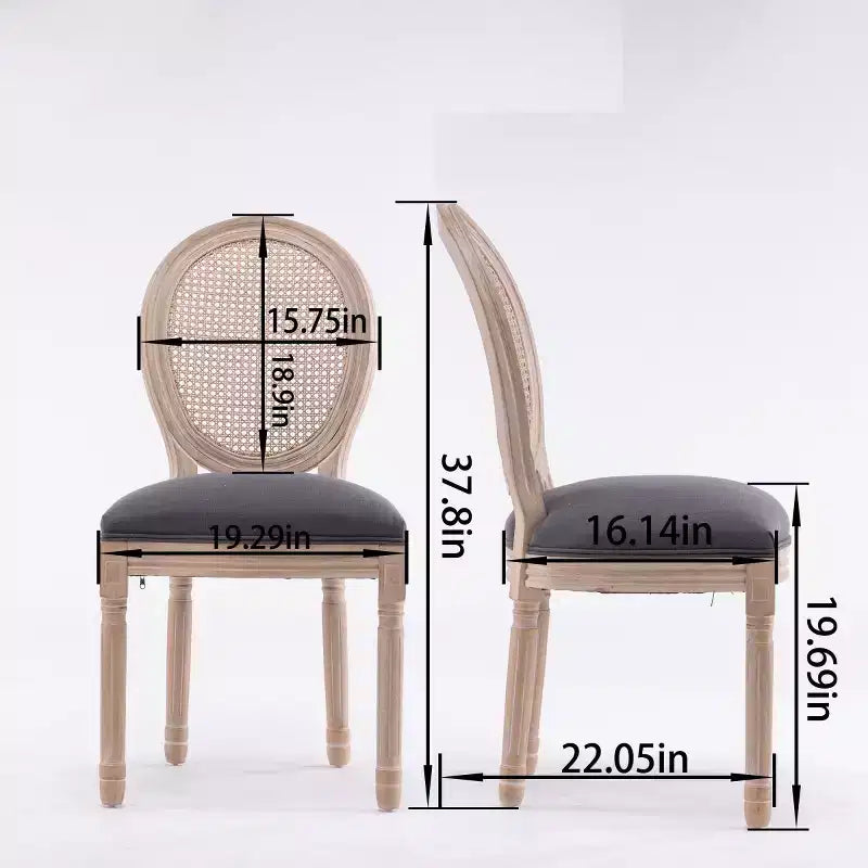 Set of 2 French Rustic Upholstered Dining Chairs with Rattan Back, Farmhouse Solid Wood Armless Kitchen Chairs for Dining Room-Panipeachy