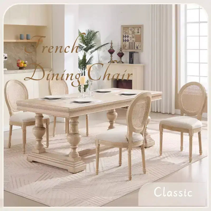 Set of 2 French Rustic Upholstered Dining Chairs with Rattan Back, Farmhouse Solid Wood Armless Kitchen Chairs for Dining Room-Panipeachy