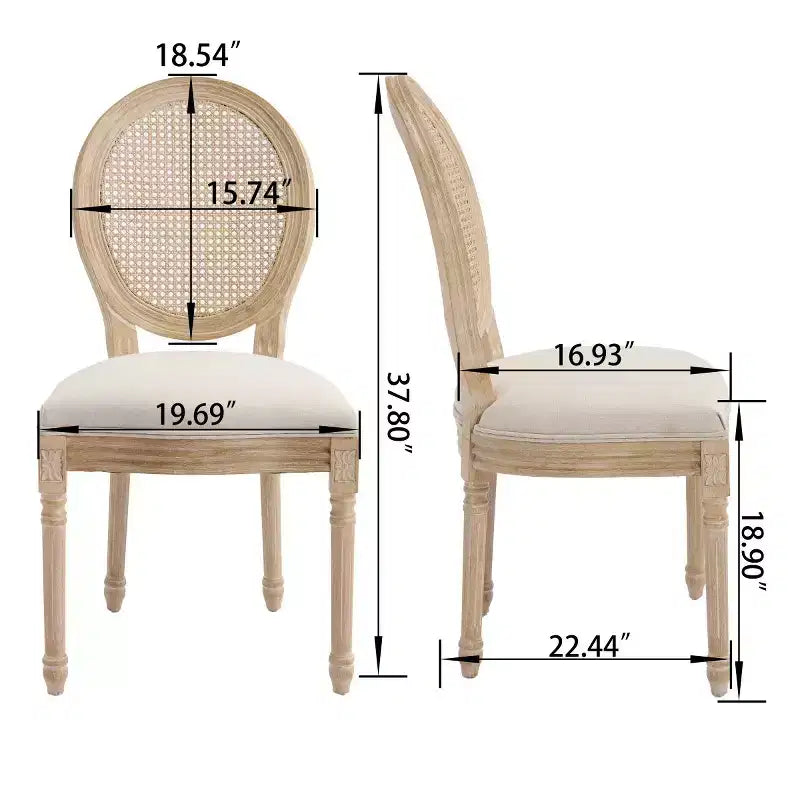 Set of 2 French Rustic Upholstered Dining Chairs with Rattan Back, Farmhouse Solid Wood Armless Kitchen Chairs for Dining Room-Panipeachy