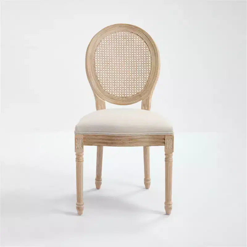 Set of 2 French Rustic Upholstered Dining Chairs with Rattan Back, Farmhouse Solid Wood Armless Kitchen Chairs for Dining Room-Panipeachy