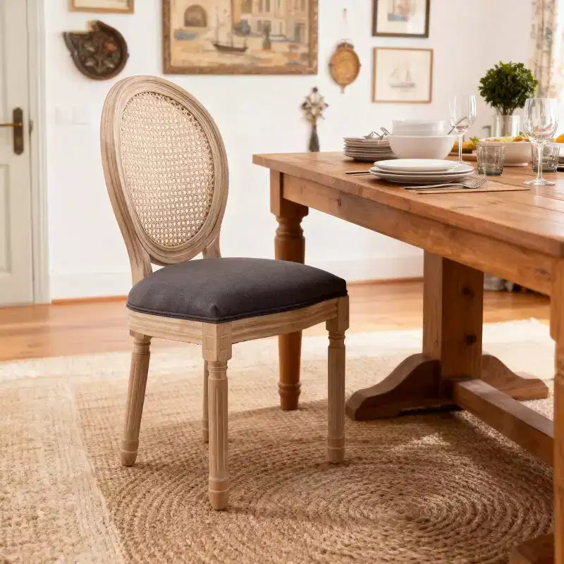 Set of 2 French Rustic Upholstered Dining Chairs with Rattan Back, Farmhouse Solid Wood Armless Kitchen Chairs for Dining Room-Panipeachy