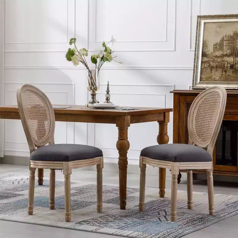 Set of 2 French Rustic Upholstered Dining Chairs with Rattan Back, Farmhouse Solid Wood Armless Kitchen Chairs for Dining Room-Panipeachy