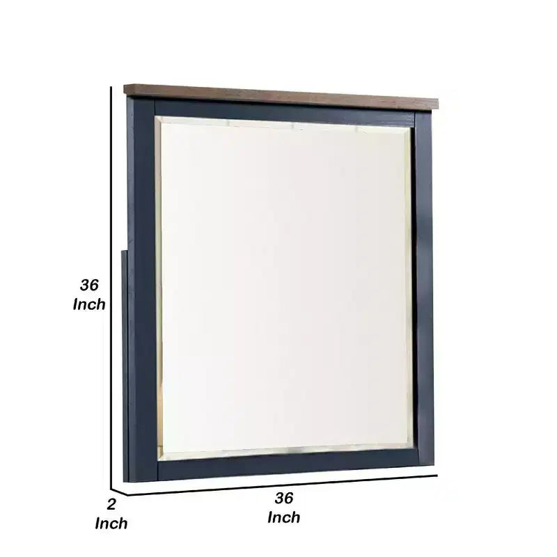 36 Inch Dresser Mirror, Blue Pinewood Frame, Dark Brown Top