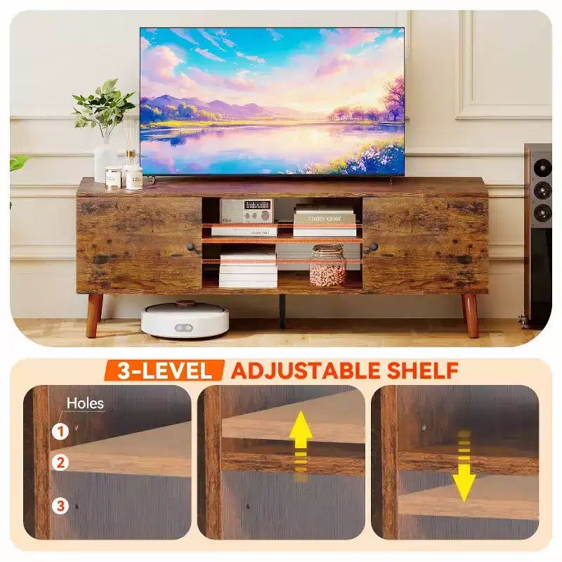 TV Stand for 55 60 Inch TVs,Entertainment Center with 2 Storage Cabinets and Open Shelves, Modern Media Console Table