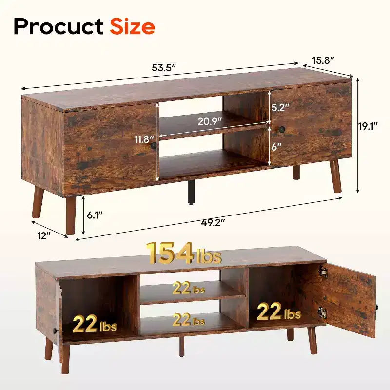 TV Stand for 55 60 Inch TVs,Entertainment Center with 2 Storage Cabinets and Open Shelves, Modern Media Console Table