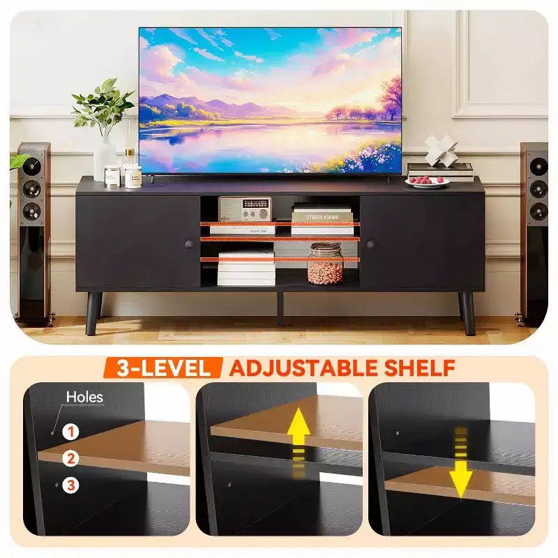 TV Stand for 55 60 Inch TVs,Entertainment Center with 2 Storage Cabinets and Open Shelves, Modern Media Console Table