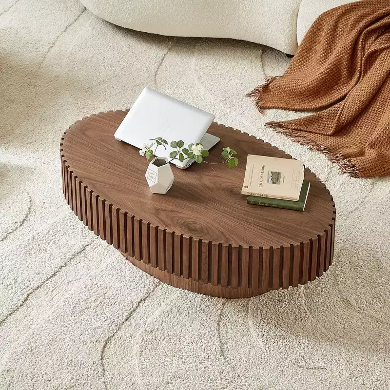 43 Inch Modern Drum Oval Coffee Table, MDF Center Table for Living Room Bedroom, Small Space Friendly Coffee Table