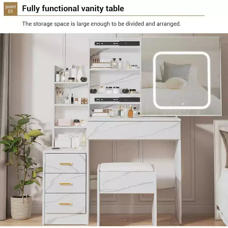 Vanity Desk with LED Sliding Mirror, 4 Drawers, Storage Shelves, Power Outlet, and StoolMakeup Dressing Table for Bedroom, 3 Color Lights