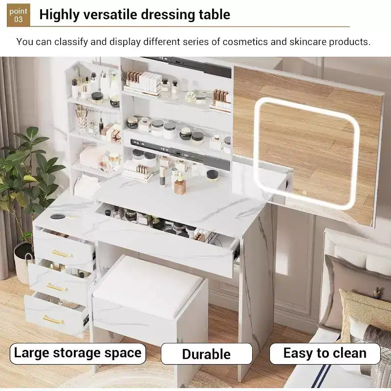 Vanity Desk with LED Sliding Mirror, 4 Drawers, Storage Shelves, Power Outlet, and StoolMakeup Dressing Table for Bedroom, 3 Color Lights