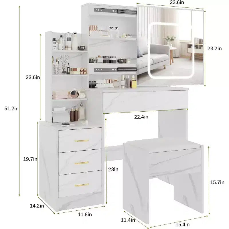 Vanity Desk with LED Sliding Mirror, 4 Drawers, Storage Shelves, Power Outlet, and StoolMakeup Dressing Table for Bedroom, 3 Color Lights