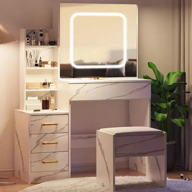 Vanity Desk with LED Sliding Mirror, 4 Drawers, Storage Shelves, Power Outlet, and StoolMakeup Dressing Table for Bedroom, 3 Color Lights