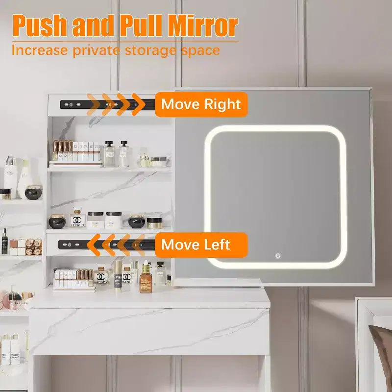 Vanity Desk with LED Sliding Mirror, 4 Drawers, Storage Shelves, Power Outlet, and StoolMakeup Dressing Table for Bedroom, 3 Color Lights