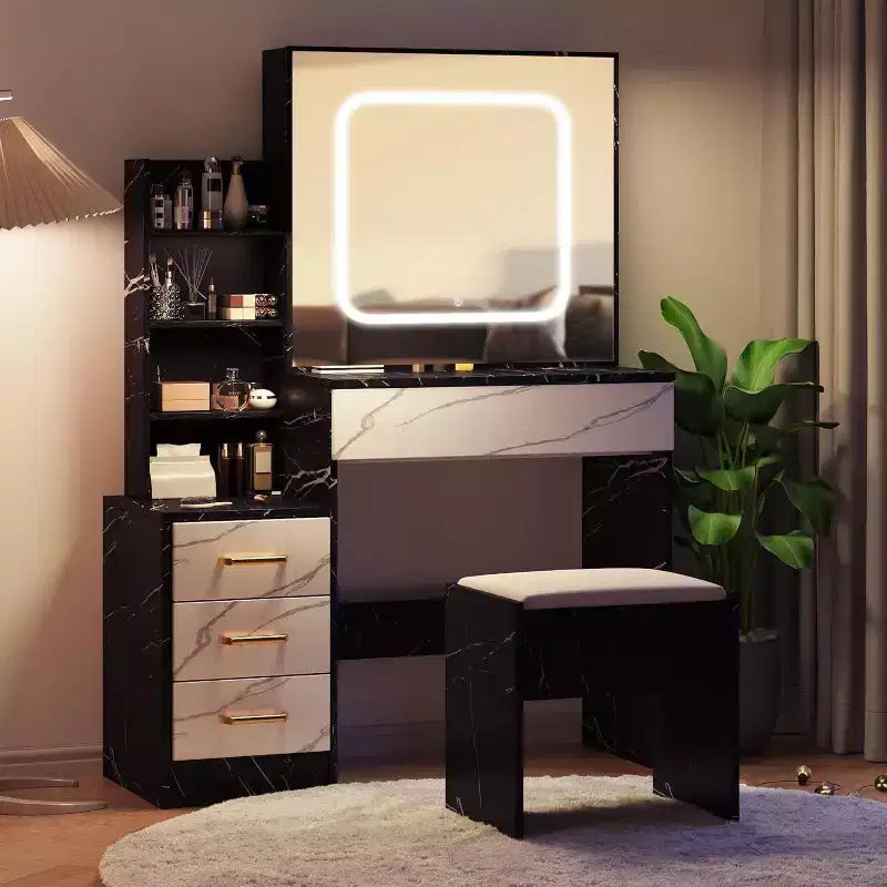 Vanity Desk with LED Sliding Mirror, 4 Drawers, Storage Shelves, Power Outlet, and StoolMakeup Dressing Table for Bedroom, 3 Color Lights