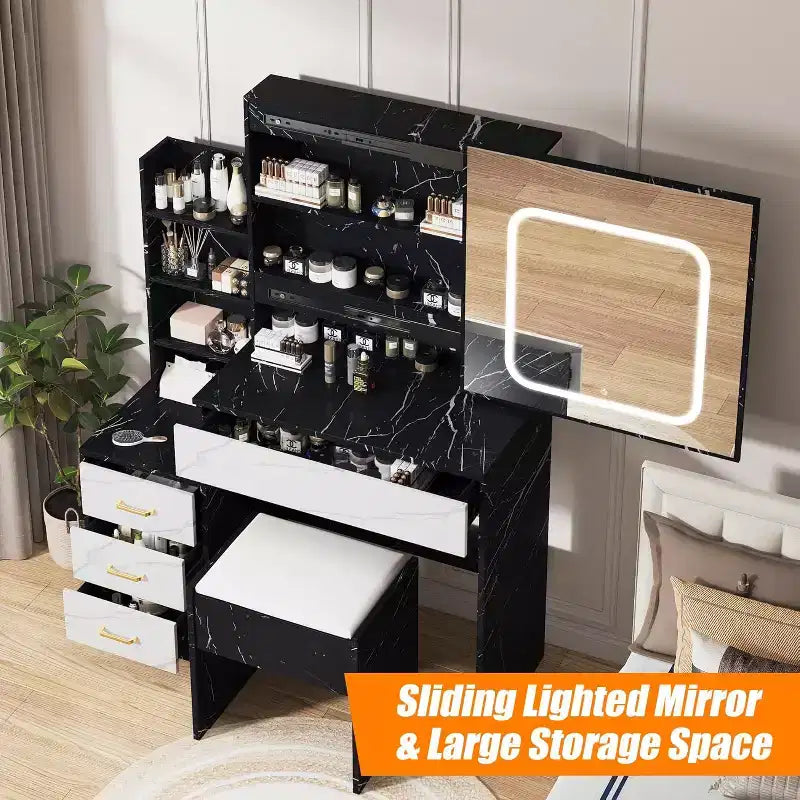 Vanity Desk with LED Sliding Mirror, 4 Drawers, Storage Shelves, Power Outlet, and StoolMakeup Dressing Table for Bedroom, 3 Color Lights
