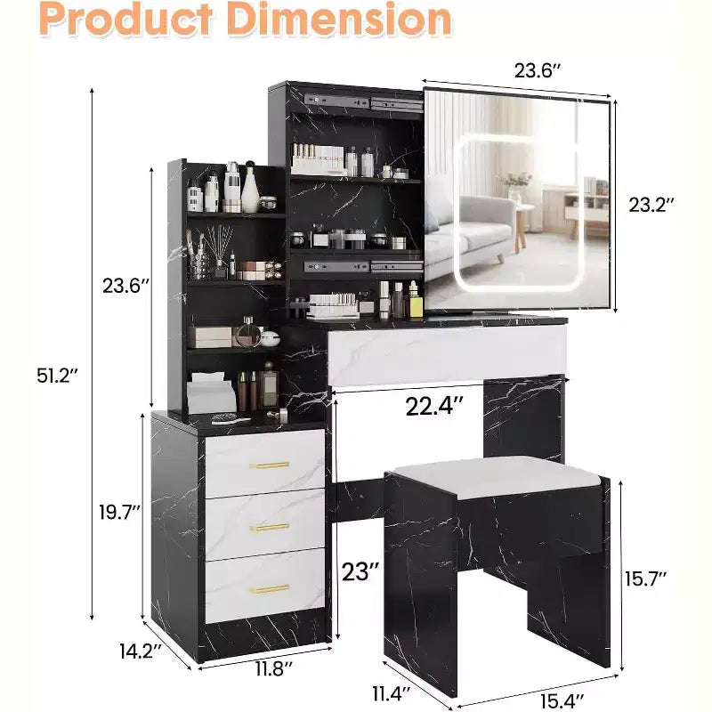 Vanity Desk with LED Sliding Mirror, 4 Drawers, Storage Shelves, Power Outlet, and StoolMakeup Dressing Table for Bedroom, 3 Color Lights