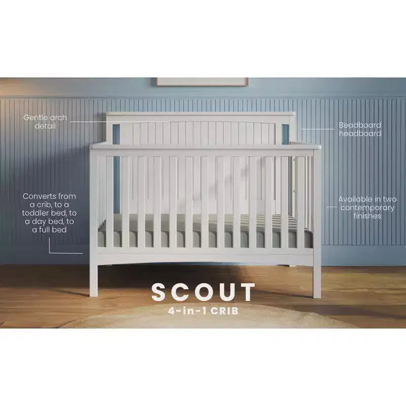 Scout 4-in-1 Convertible Crib, Converts to Day Bed, Toddler Bed and Full Size Bed, 3 Mattress Positions, Baby Safe Finish