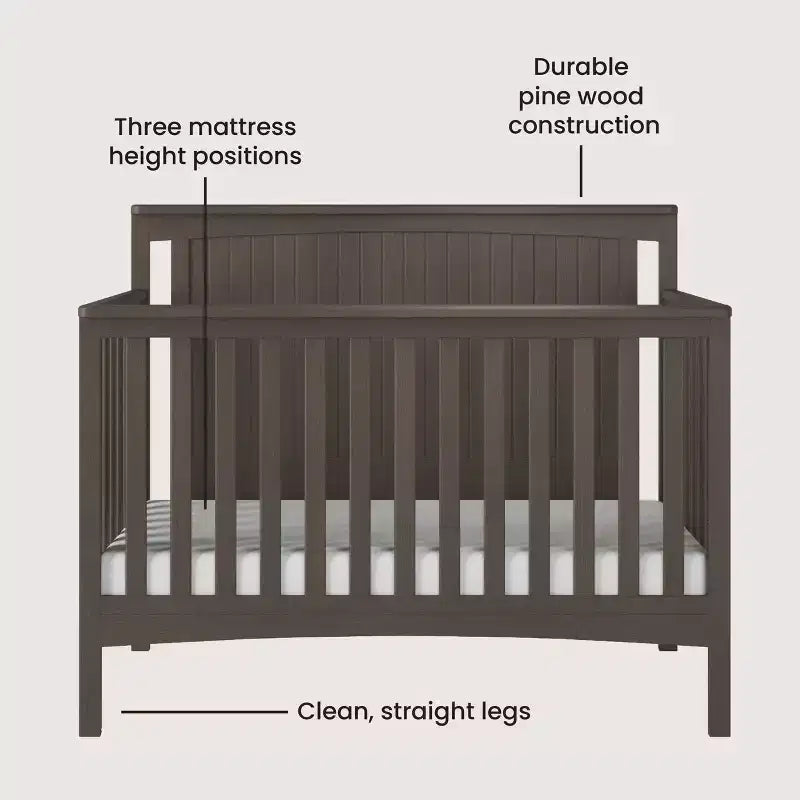 Scout 4-in-1 Convertible Crib, Converts to Day Bed, Toddler Bed and Full Size Bed, 3 Mattress Positions, Baby Safe Finish