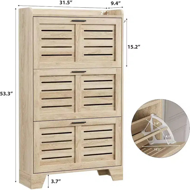 Flip Drawer Shoe Cabinet with Adjustable Shelves & Louvered Doors, Entryway Organizer with Hooks