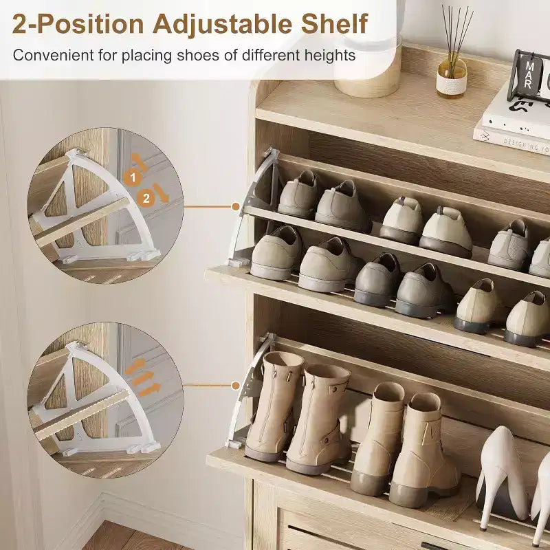 Flip Drawer Shoe Cabinet with Adjustable Shelves & Louvered Doors, Entryway Organizer with Hooks
