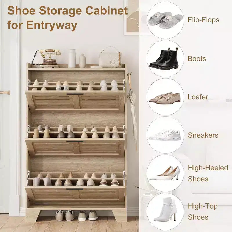 Flip Drawer Shoe Cabinet with Adjustable Shelves & Louvered Doors, Entryway Organizer with Hooks