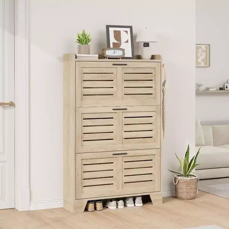Flip Drawer Shoe Cabinet with Adjustable Shelves & Louvered Doors, Entryway Organizer with Hooks