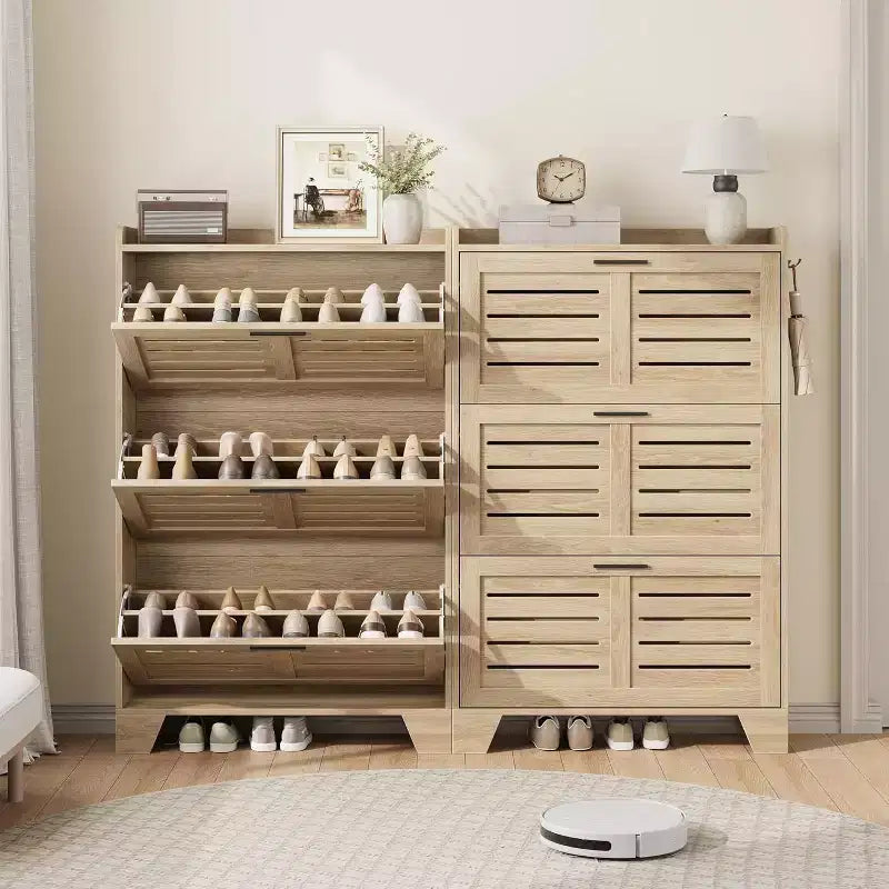 Flip Drawer Shoe Cabinet with Adjustable Shelves & Louvered Doors, Entryway Organizer with Hooks