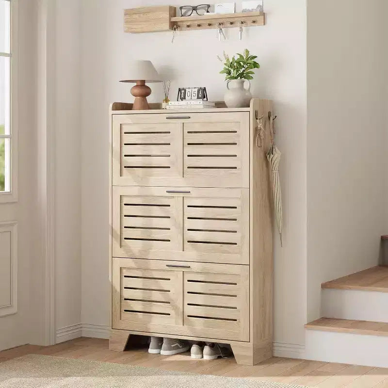 Flip Drawer Shoe Cabinet with Adjustable Shelves & Louvered Doors, Entryway Organizer with Hooks