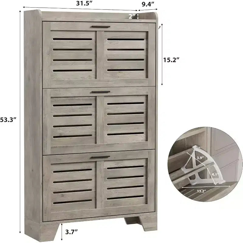 Flip Drawer Shoe Cabinet with Adjustable Shelves & Louvered Doors, Entryway Organizer with Hooks