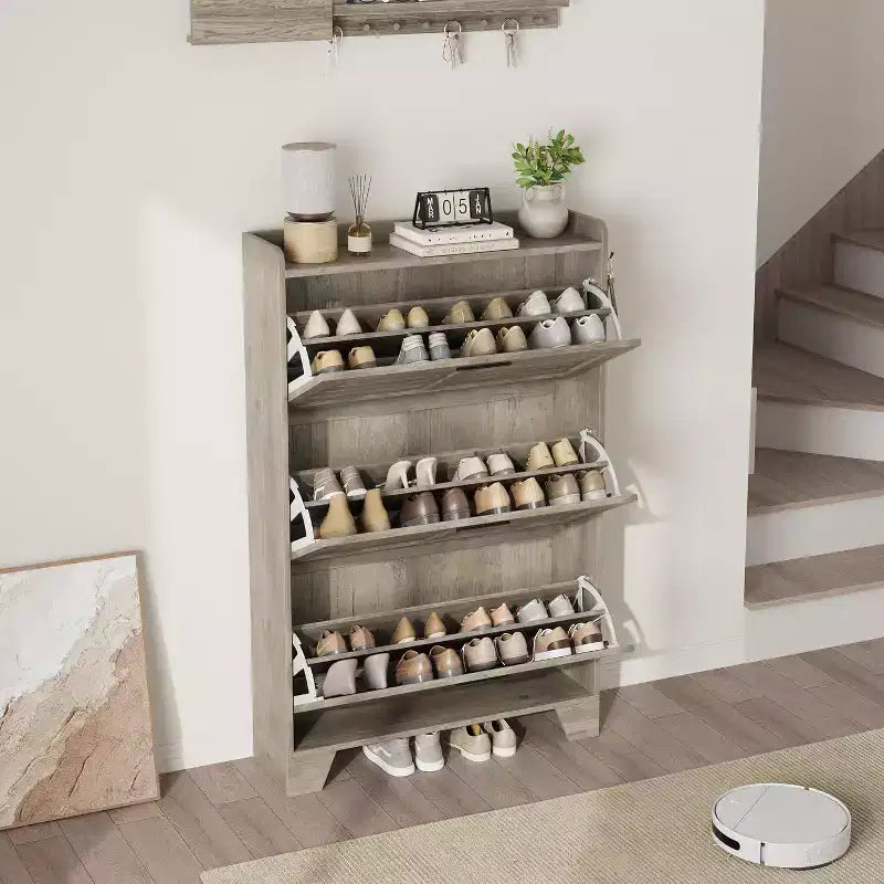 Flip Drawer Shoe Cabinet with Adjustable Shelves & Louvered Doors, Entryway Organizer with Hooks