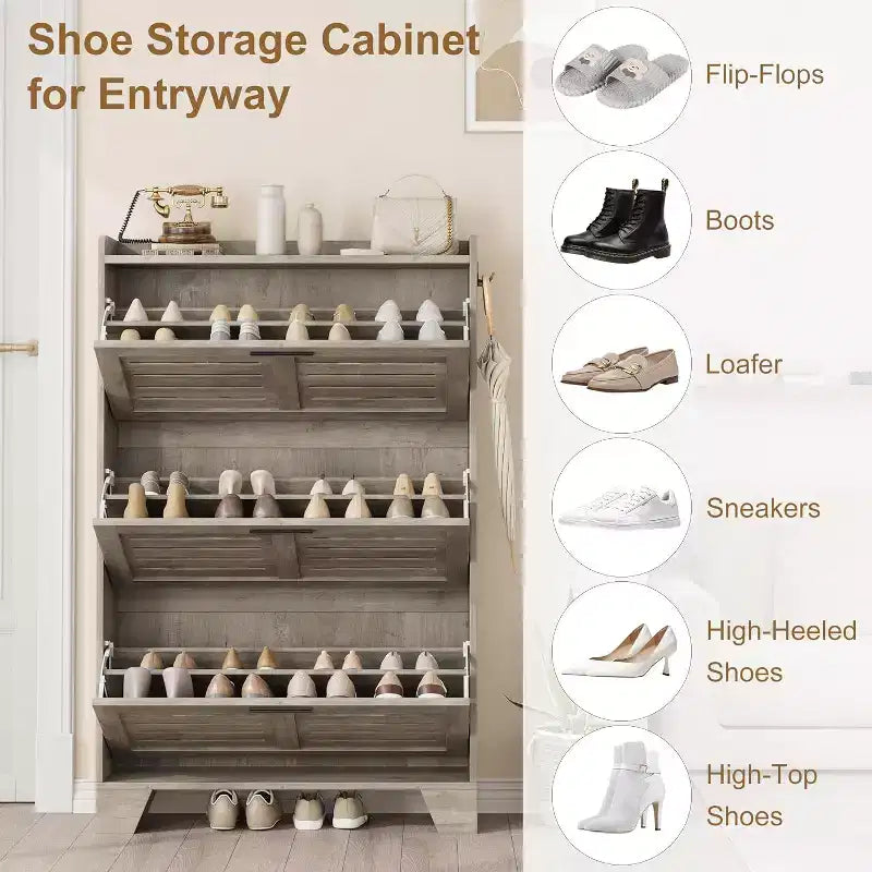Flip Drawer Shoe Cabinet with Adjustable Shelves & Louvered Doors, Entryway Organizer with Hooks