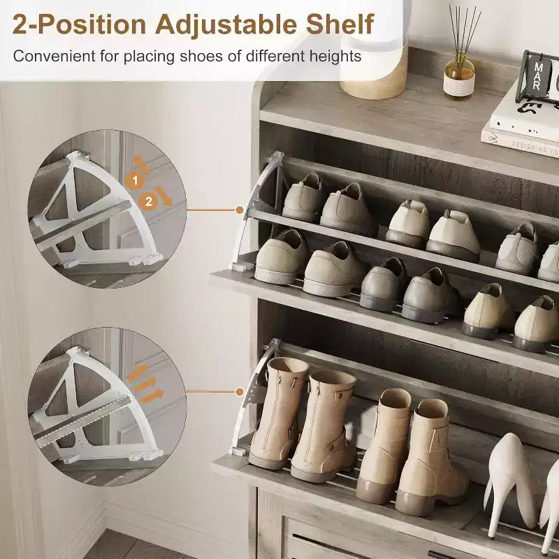Flip Drawer Shoe Cabinet with Adjustable Shelves & Louvered Doors, Entryway Organizer with Hooks