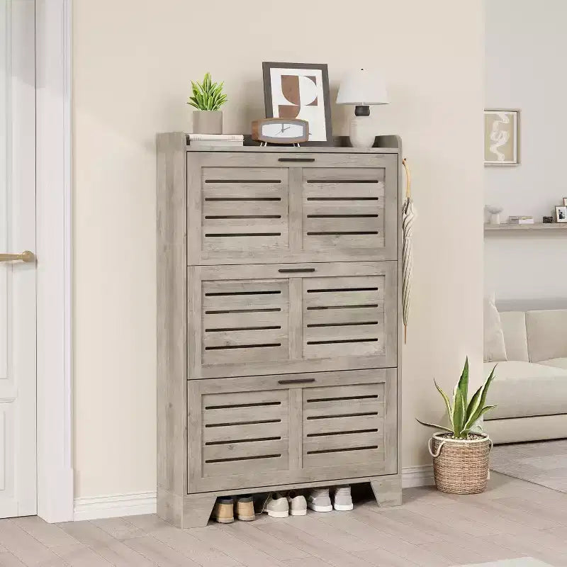 Flip Drawer Shoe Cabinet with Adjustable Shelves & Louvered Doors, Entryway Organizer with Hooks