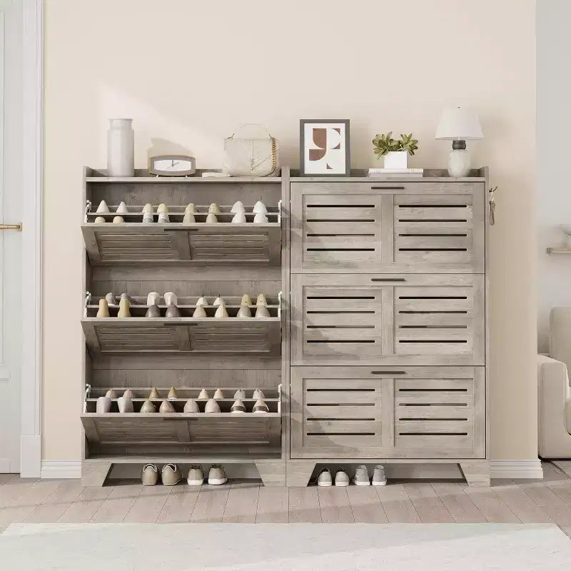 Flip Drawer Shoe Cabinet with Adjustable Shelves & Louvered Doors, Entryway Organizer with Hooks