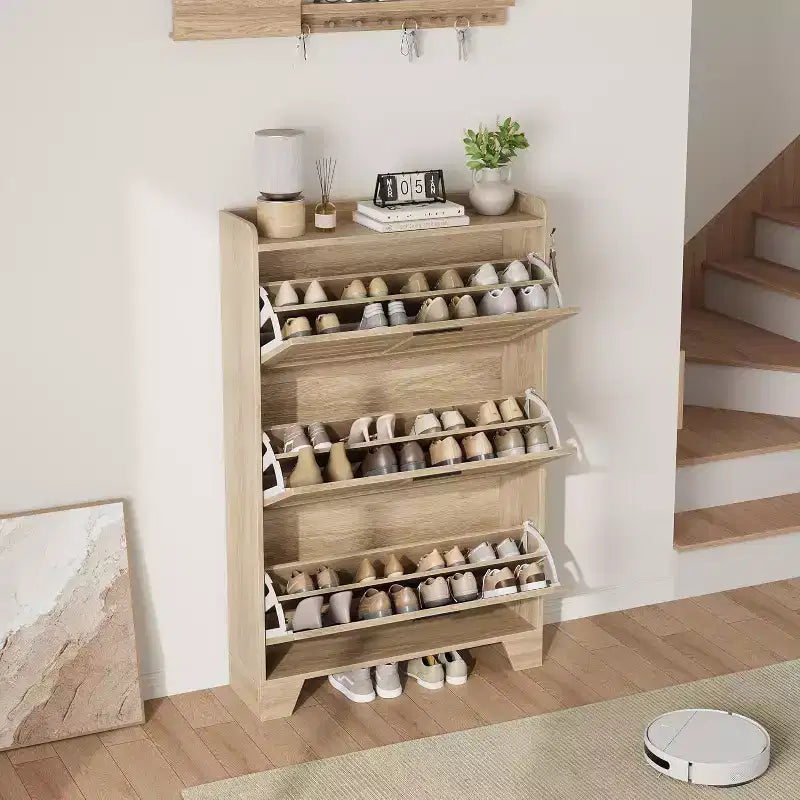 Flip Drawer Shoe Cabinet with Adjustable Shelves & Louvered Doors, Entryway Organizer with Hooks