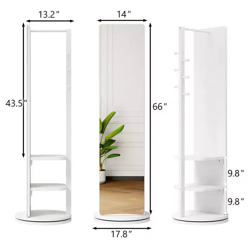 360 Rotating 66x14 Multifunctional Full Length Mirror with Hook Storage Rack Coat Rack with Mirror Solid Wood Floor Mirror Bedroom Living Room
