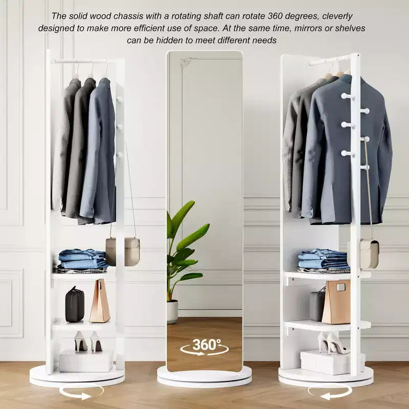 360 Rotating 66x14 Multifunctional Full Length Mirror with Hook Storage Rack Coat Rack with Mirror Solid Wood Floor Mirror Bedroom Living Room