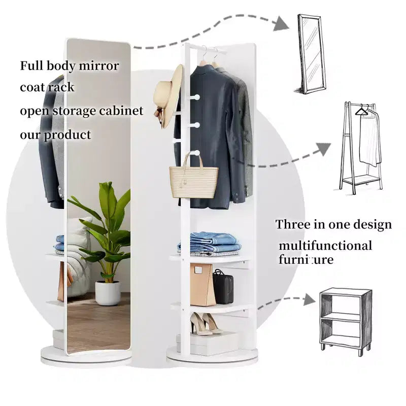360 Rotating 66x14 Multifunctional Full Length Mirror with Hook Storage Rack Coat Rack with Mirror Solid Wood Floor Mirror Bedroom Living Room