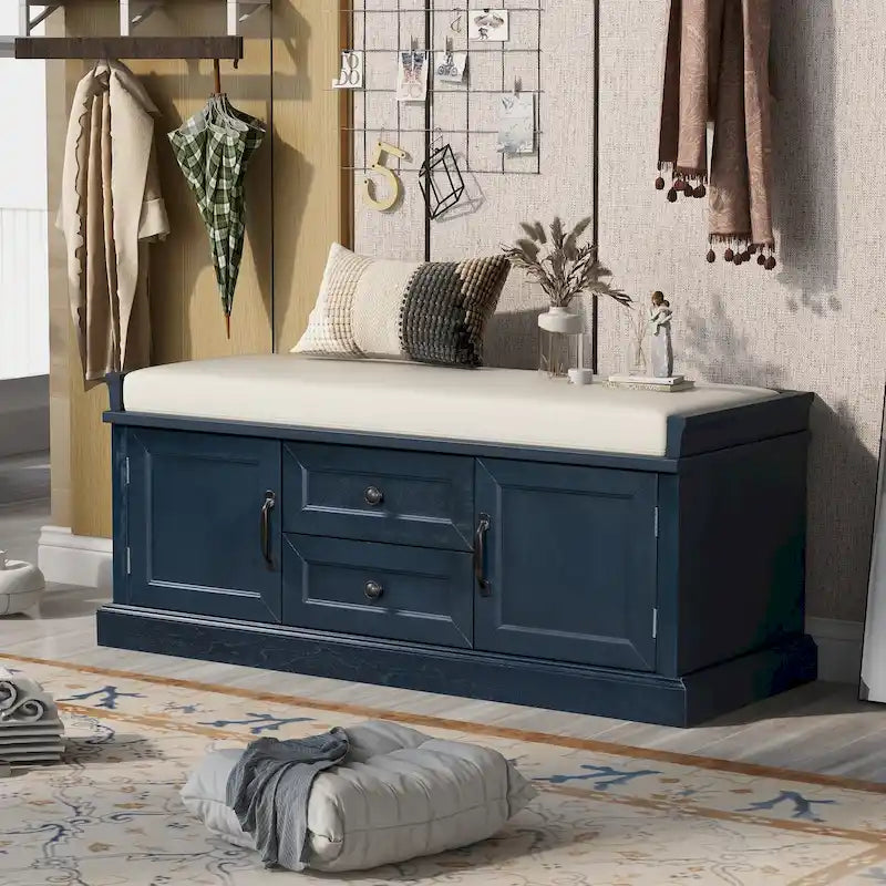 Banc de rangement avec coussin, 2 tiroirs et 2 placards, 1 personne, Gris délavé / Blanc / Noir / Bleu marine antique