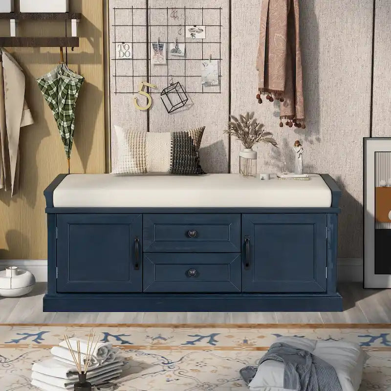 Banc de rangement avec coussin, 2 tiroirs et 2 placards, 1 personne, Gris délavé / Blanc / Noir / Bleu marine antique