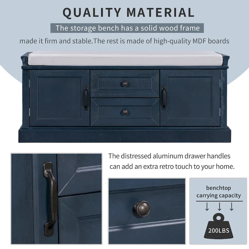 Banc de rangement avec coussin, 2 tiroirs et 2 placards, 1 personne, Gris délavé / Blanc / Noir / Bleu marine antique