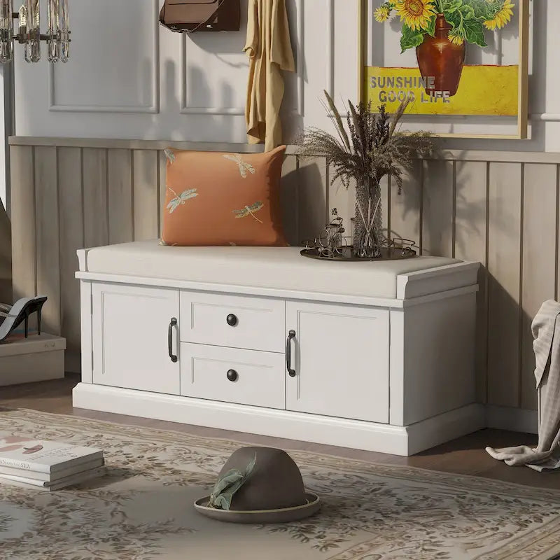 Banc de rangement avec coussin, 2 tiroirs et 2 placards, 1 personne, Gris délavé / Blanc / Noir / Bleu marine antique
