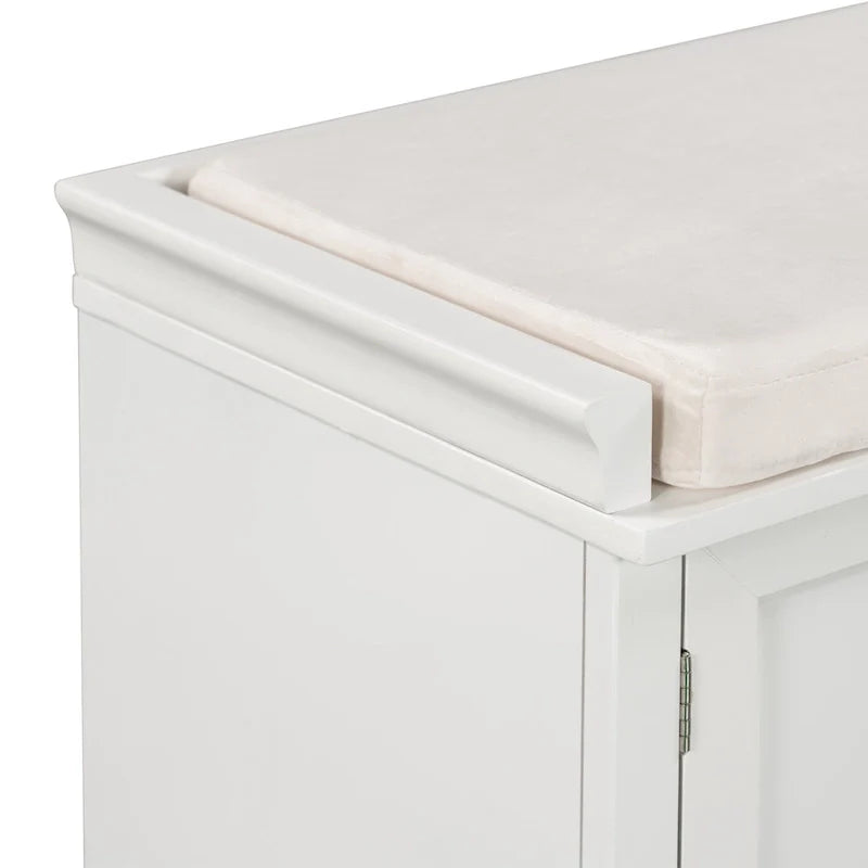 Banc de rangement avec coussin, 2 tiroirs et 2 placards, 1 personne, Gris délavé / Blanc / Noir / Bleu marine antique