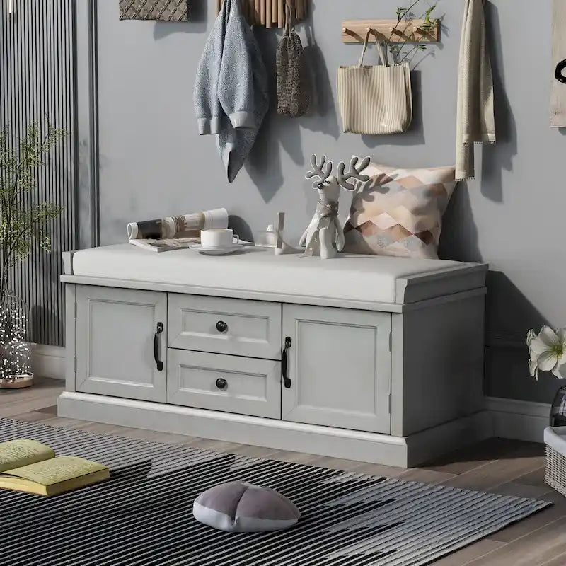 Banc de rangement avec coussin, 2 tiroirs et 2 placards, 1 personne, Gris délavé / Blanc / Noir / Bleu marine antique
